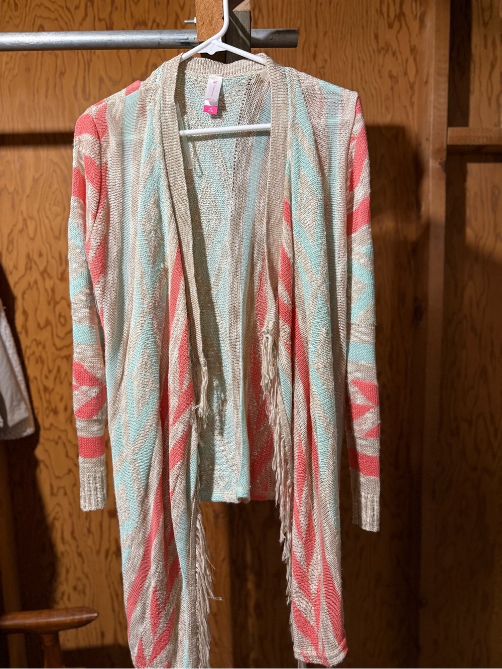No Boundaries Open Front Fringe Cardigan in Coral, Mint & Beige